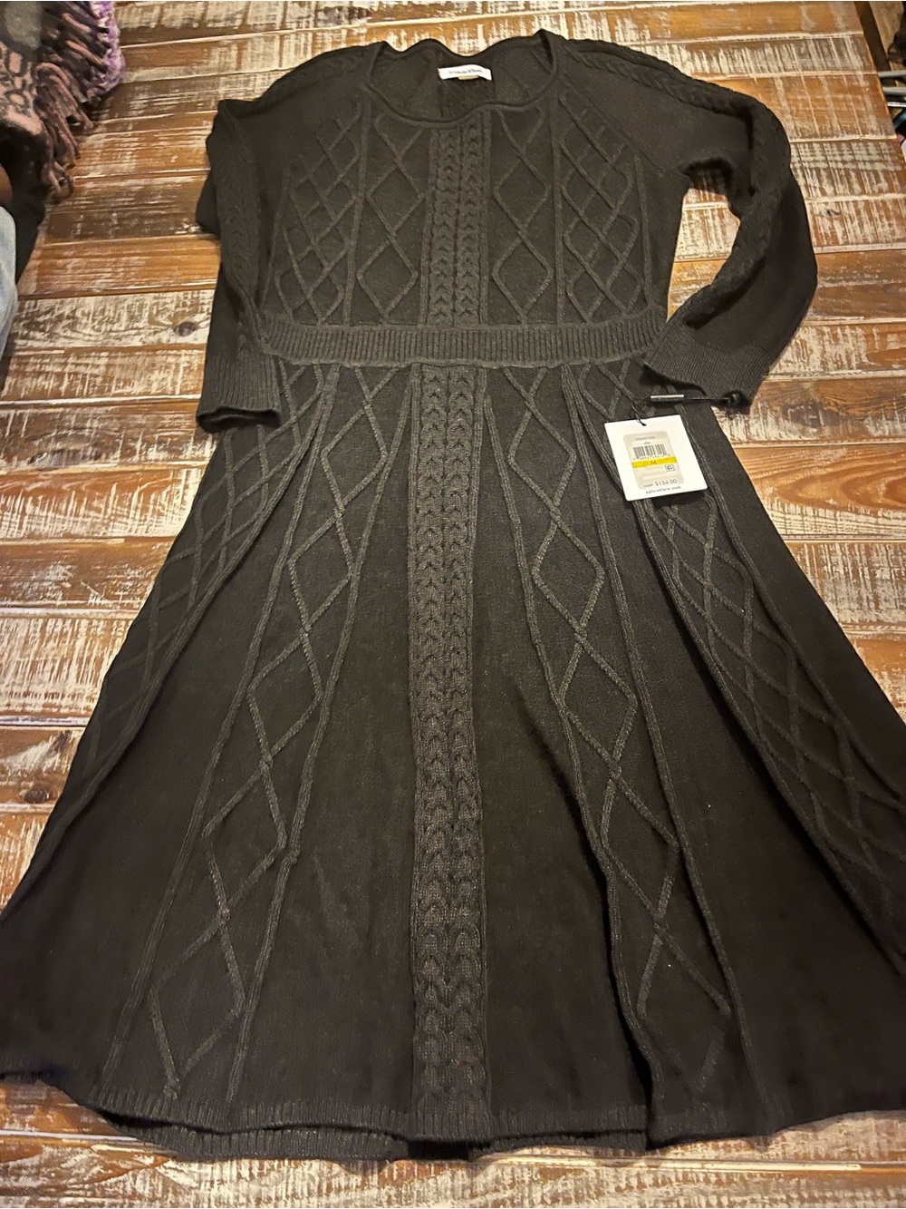 Calvin Klein Charcoal Grey Cable-Knit Long Sleeve Sweater Dress